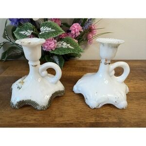Antique Victorian Milk Glass Candle Holder Pair Ornate Scroll & Gilt Edge Design